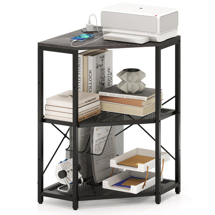 Corner Printer Stand with Power Outlet 3-Tier Storage Rack with Adjustable Shelf