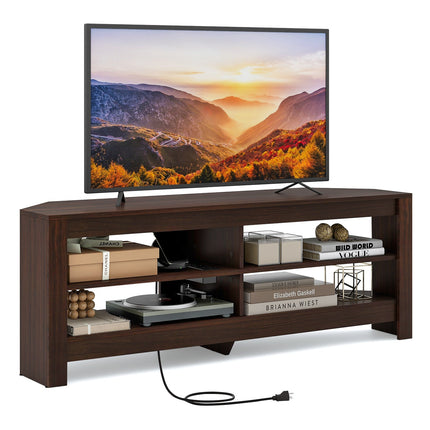 Corner TV Stand with Power Outlet and 4 Open Storage Shelves