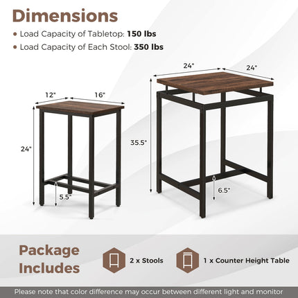 3 Pieces Pub Dining Table Set with Floating Tabletop and Footrest-Rustic Brown