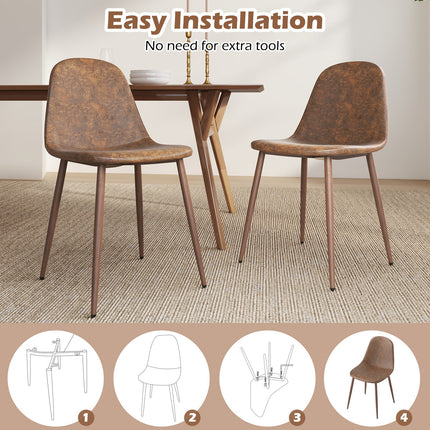 Dining Chair Set of 4 Faux PU Leather Upholstered Kitchen Chairs with Metal Legs-Brown