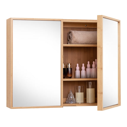 Double Door Bathroom Wall Cabinet with Mirror and Adjustable Shelves-Natural