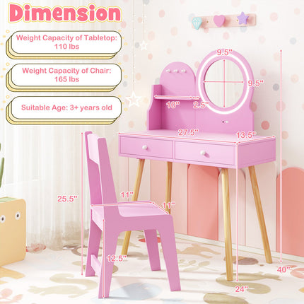 Kids Princess Makeup Dressing Desk and Chair Set with Mirror and Lights