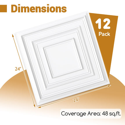 Drop Ceiling Tiles 24" x 24" PVC Ceiling Panels with 3D Decorative Patterns 12-Pack-White