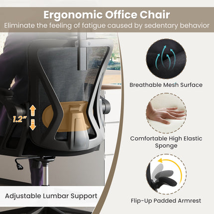 Ergonomic Mesh Office Chair with Adjustable Lumbar Support and Flip-up Armrests-Black