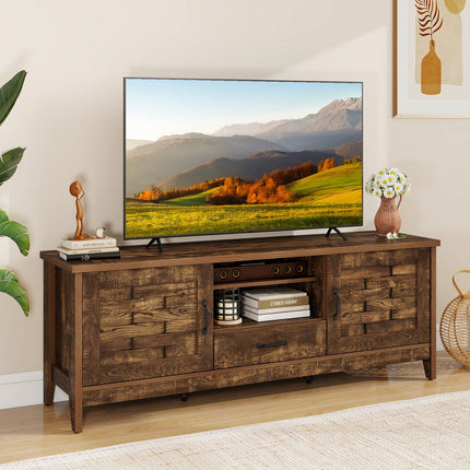 Farmhouse TV Stand for 65 Inch TVs with 2 Woven Accent Doors and 3 Adjustable Shelves