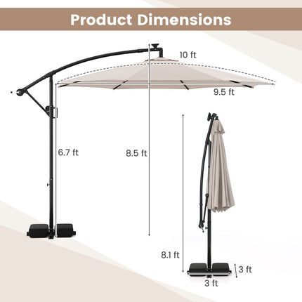 10 Feet Solar Offset Hanging Umbrella with Base and LED Lights