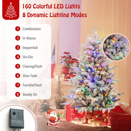 7 Feet Flocked Christmas Tree with 8 Lighting Modes and Multi-Color LED Lights