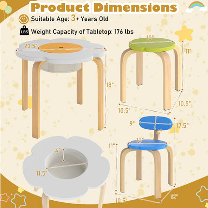 Flower-shaped Children Table Set Wooden Play and Activity Table with 2 Colorful Chairs and Stools-Multicolor