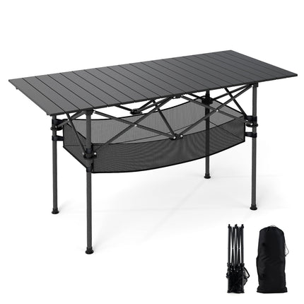Patio Folding Camping Table with Roll-up Tabletop and Mesh Basket