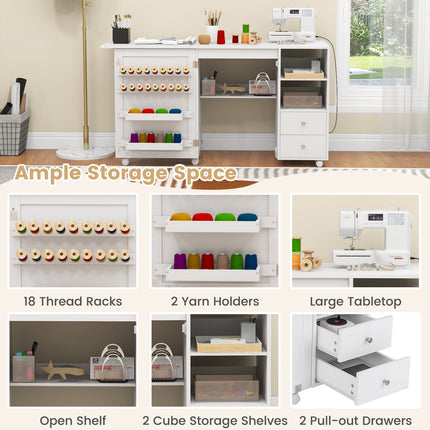 Folding Sewing Table with Charging Station and Storage Shelves-White
