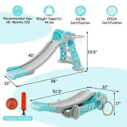 3-in-1 Folding Slide Playset with Basketball Hoop and Small Basketball