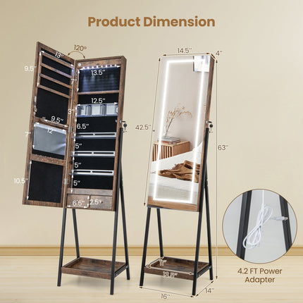 LED Standing Jewelry Mirror Cabinet with 3-Color Lighted Full-Length Mirror