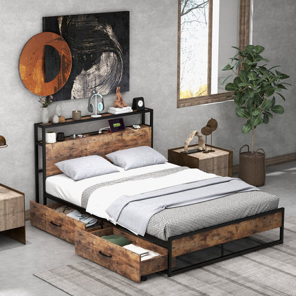 Full/Queen Bed Frame with 2-Tier Storage Headboard and Charging Station