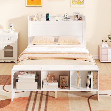 Full Size Bed Frame with 2 USB Ports with Storage Headboard and Lights