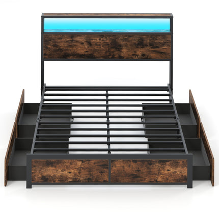 Full/Queen Size LED Bed Frame with Charging Station and 4 Storage Drawers