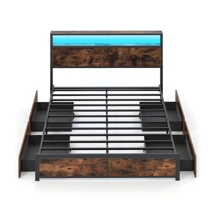Full/Queen Size LED Bed Frame with Charging Station and 4 Storage Drawers