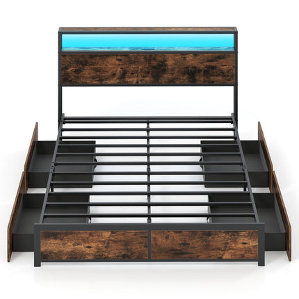 Full/Queen Size LED Bed Frame with Charging Station and 4 Storage Drawers
