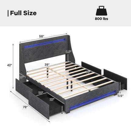 Full Size Bed Frame with LED Lights Wingback Headboard and Charging Station-Grey