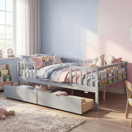 Full Size Daybed with Fence and 2 Drawers for Boys and Girls