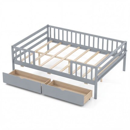 Full Size Daybed with Fence and 2 Drawers for Boys and Girls