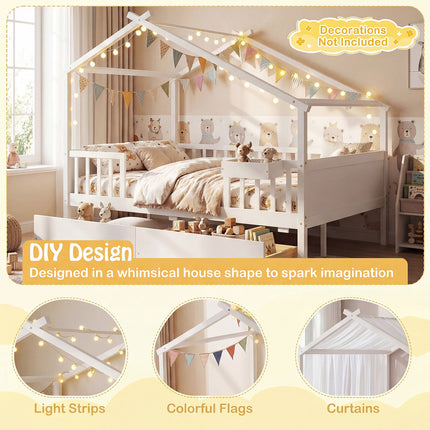Full Size House Bed with Roof and Fence Rails for Kid