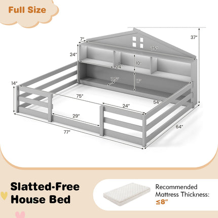 Full Size Montessori Floor Bed with Storage Compartments and Shelf