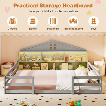 Full Size Montessori Floor Bed with Storage Compartments and Shelf