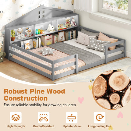 Full Size Montessori Floor Bed with Storage Compartments and Shelf