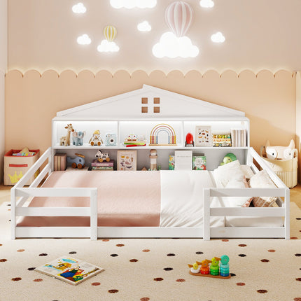Full Size Montessori Floor Bed with Storage Compartments and Shelf