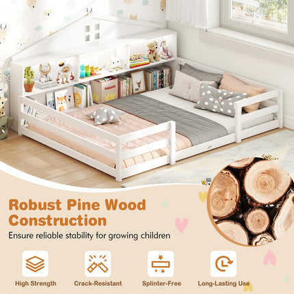 Full Size Montessori Floor Bed with Storage Compartments and Shelf