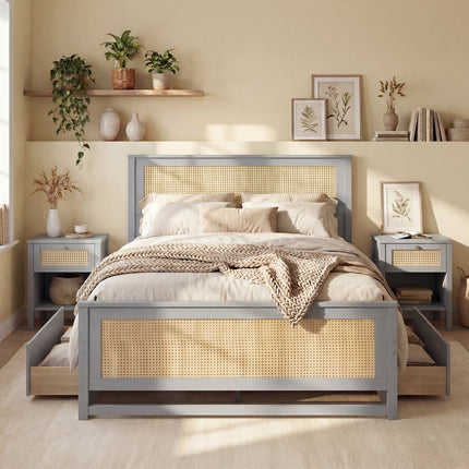 Full Size Rattan Bed Frame with Storage Drawers
