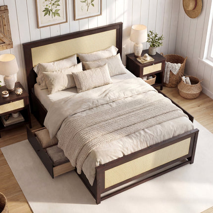 Full Size Rattan Bed Frame with Storage Drawers