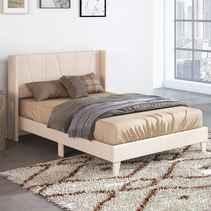 Full/Queen Size Upholstered Bed Frame with Geometric Wingback Headboard