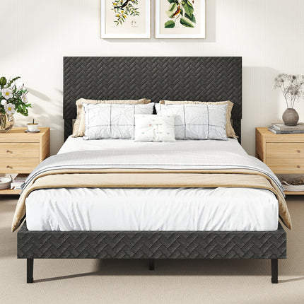 Twin/Full/Queen Size Velvet Bed Frame Upholstered Platform Bed with Chevron Headboard Gray