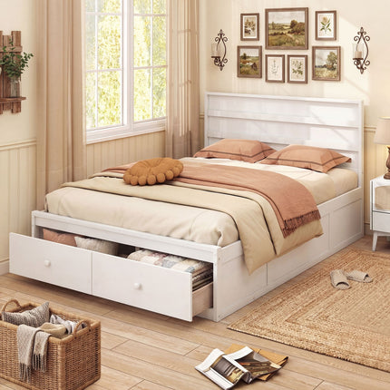 Full Size Wooden Platform Bed Frame with Storage Drawers