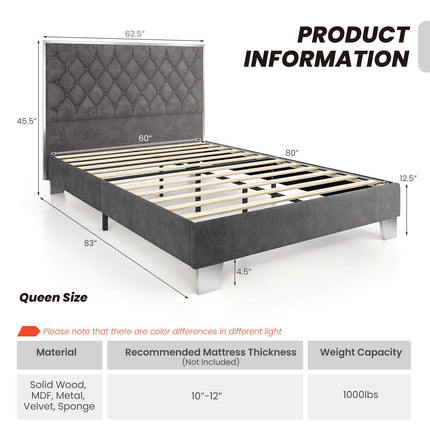 Full/Queen Size Upholstered Bed Frame with Velvet Headboard
