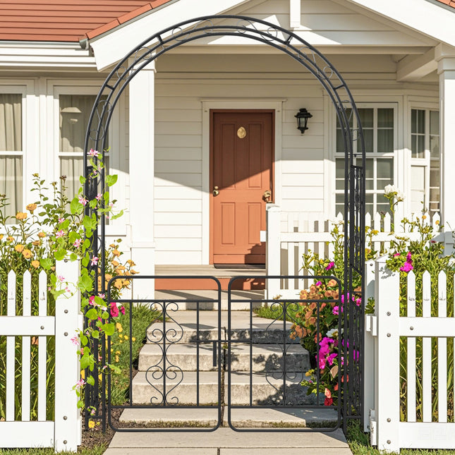 Garden Arbor with Gate with Multiple Side Crossbars and 4 Sharp Ground Stakes-Black