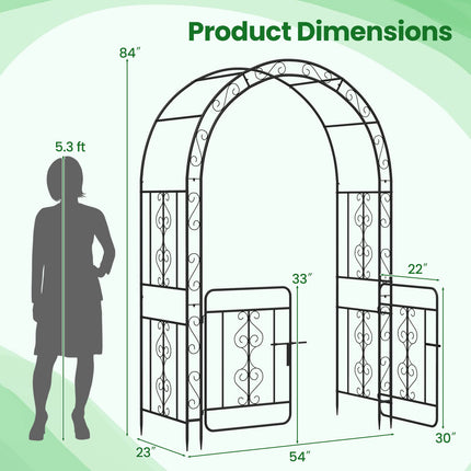 Garden Arbor with Gate with Multiple Side Crossbars and 4 Sharp Ground Stakes-Black