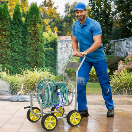 Garden Hose Reel Cart Metal Hose Cart with 4 Wheels and Storage Basket