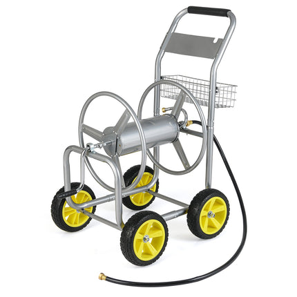 Garden Hose Reel Cart Metal Hose Cart with 4 Wheels and Storage Basket