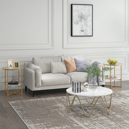 2-Tier Glass End Table Set of 2 with Faux Marble Storage Shelf-White