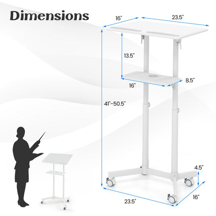 Mobile Lectern Podium Height-adjustable Rolling Laptop Cart with Tilting Top Storage Tray