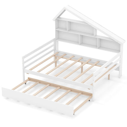 House-Shaped Full Size Daybed with Twin Size Trundle-White