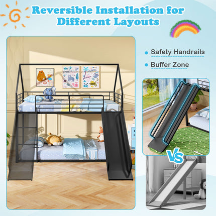House-shaped Metal Twin Over Twin Low Bunk Bed-Black