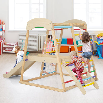 6-in-1 Indoor Jungle Gym Kids Wooden Playground with Monkey Bars
