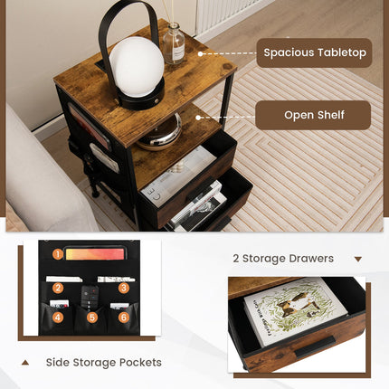 Industrial Bedside Table with USB Ports and AC Outlets for Bedroom Living Room