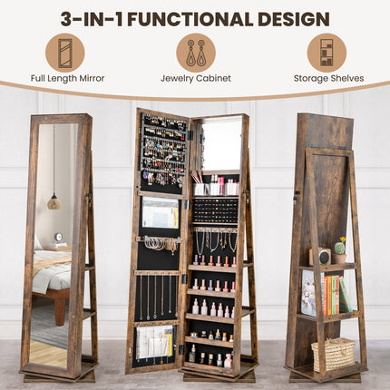 360¬∞ Swivel Jewelry Armoire Standing Jewelry Organizer with Full Length Mirror and Back Shelves