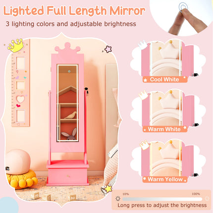 Kids Jewelry Armoire with 3-Color Lighted Full Length Mirror and Inside Led Lights