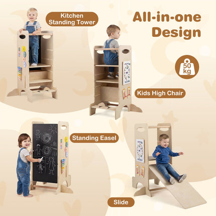 Kids Standing Tower with Detachable Chalkboard and Montessori Games for 3+ Years Old