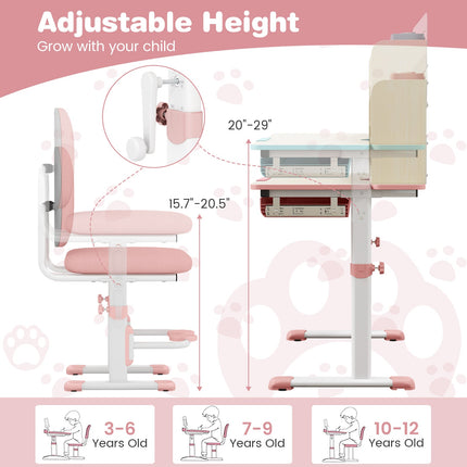 Height Adjustable Children School Home Study Table and Chair Set with Tilted Desktop for 3-12 Years Old